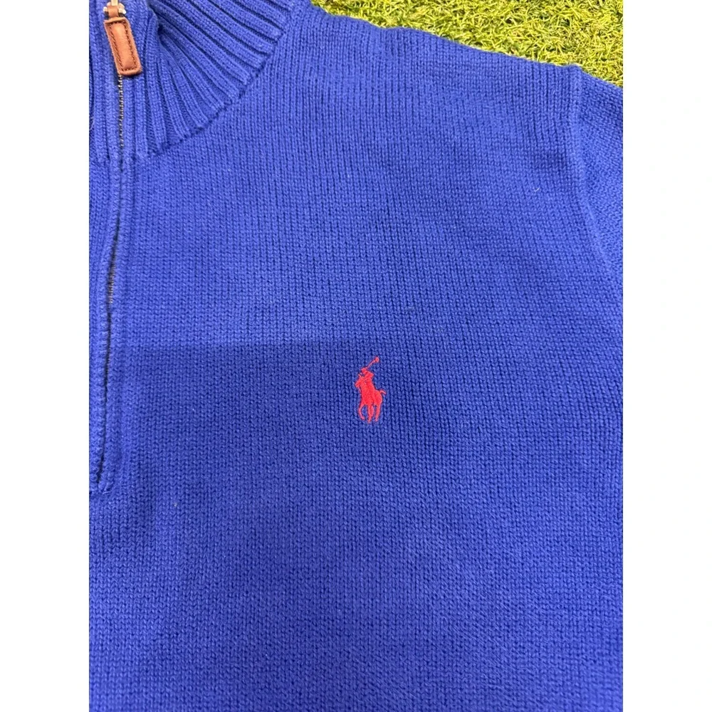 Polo Ralph Lauren Mens XL Blue Quarter‎ Zip Sweater Red Pony Logo Cotton Knit